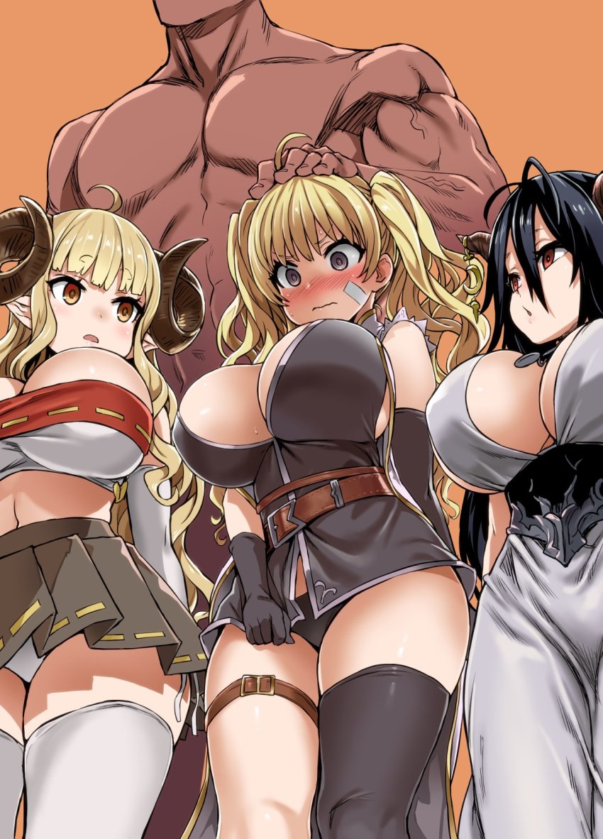 1boy, 3girls, ahoge, anila_(granblue_fantasy), antenna_hair, asanagi, belt, black_gloves, black_hair, black_legwear, black_panties, blonde_hair, blunt_bangs, blush, breasts, brown_eyes, cleavage, closed_mouth, cosplay, danua, dark-skinned_male, dark_skin, draph, dress, dress_tug, elbow_gloves, embarrassed, empty_eyes, from_below, gloves, granblue_fantasy, grey_eyes, hair_between_eyes, hand_on_another's_head, highres, hikimayu, huge_breasts, monika_weisswind, multiple_girls, narmaya_(granblue_fantasy), narmaya_(granblue_fantasy)_(cosplay), nude, panties, pleated_skirt, red_eyes, ribbon-trimmed_skirt, ribbon_trim, short_dress, side-tie_panties, single_elbow_glove, single_glove, single_thighhigh, skirt, sweat, thigh_strap, thighhighs, thighs, twintails, underwear, wavy_mouth, white_dress, white_gloves, white_panties