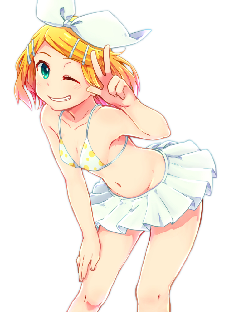 1girl, ;d, aqua_eyes, bikini, bikini_skirt, bikini_top_only, blonde_hair, bow