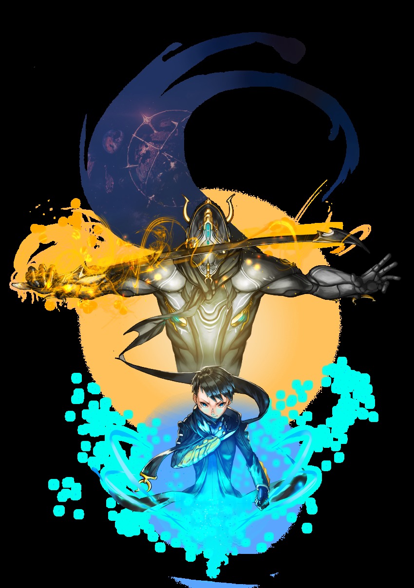 2boys, armor, behind_another, black_bodysuit, black_hair, blue_eyes, bodysuit, excalibur_(warframe), excalibur_umbra_(warframe), glowing, highres, holding, holding_sword, holding_weapon, looking_at_viewer, moon, multiple_boys, operator_(warframe), rapo_01, scarf, serious, short_hair, sword, tagme, transparent_background, warframe, weapon, white_background