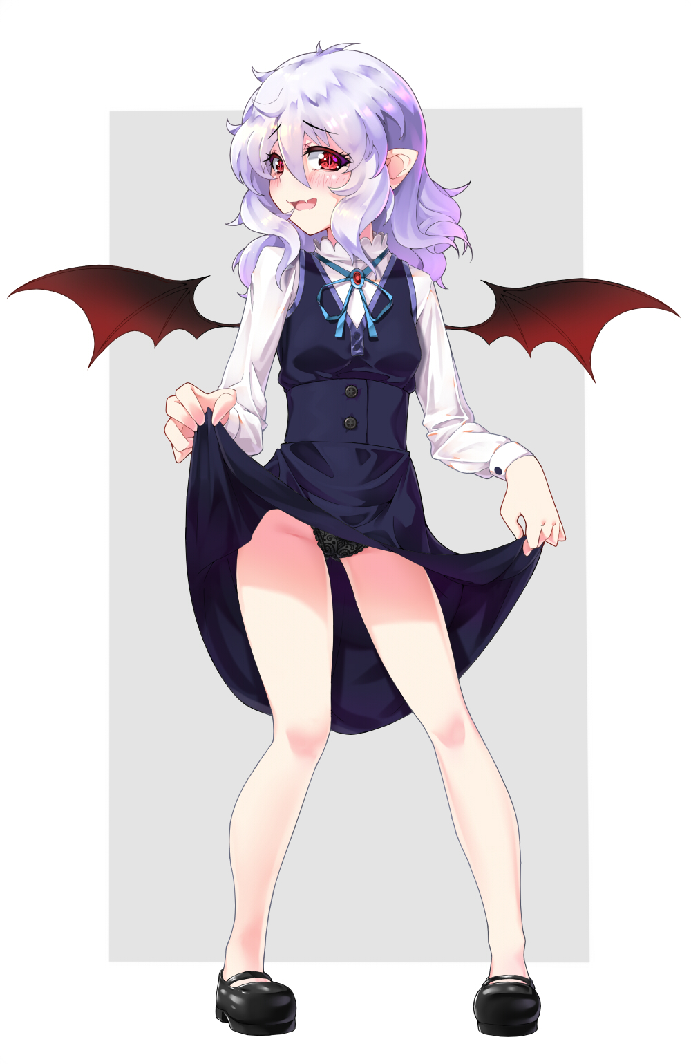 1girl, alternate_costume, bare_legs, bat_wings, black_panties, black_shoes, black_skirt, black_vest