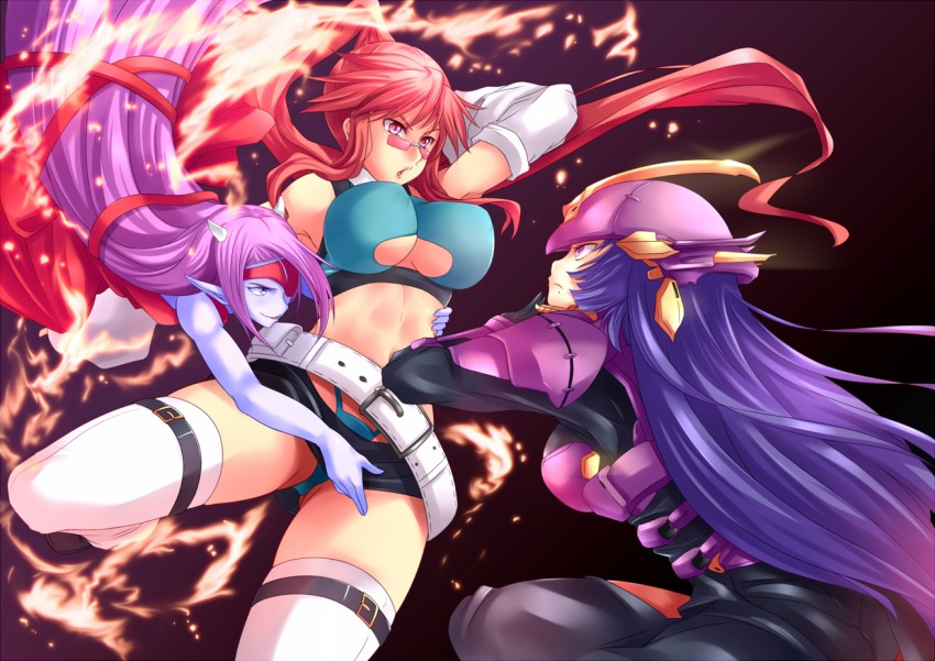 3girls, breasts, chaos_code, clothing_cutout, fighting, hermes_gberardini, kagari_(chaos_code), kitayama_miuki