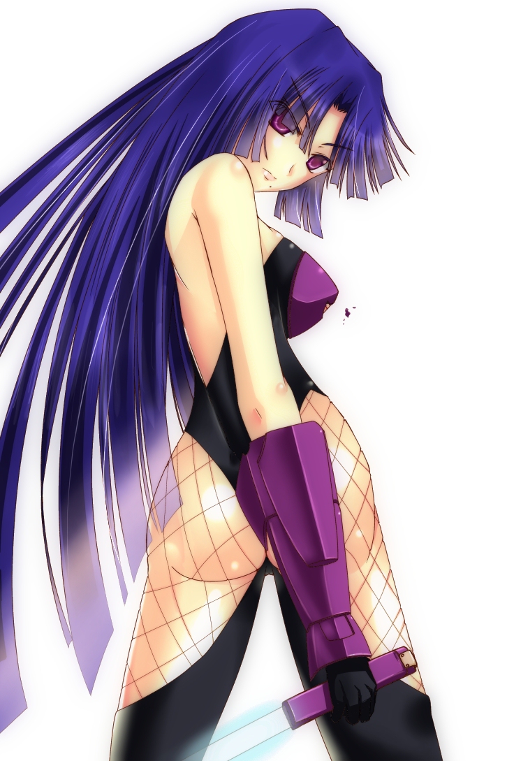 1girl, ass, back, bare_shoulders, bodysuit, breasts, chaos_code, fishnets