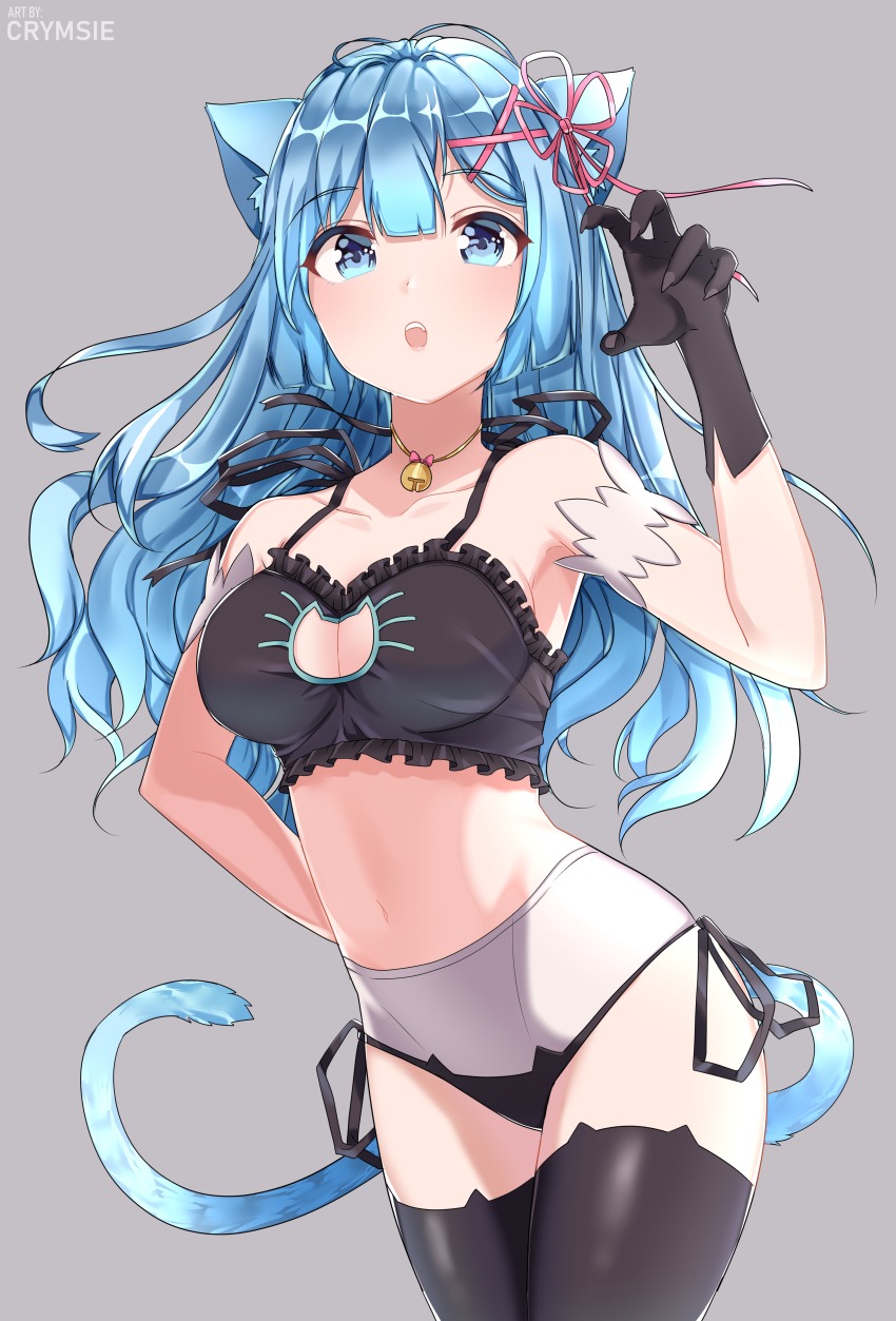 10s, 1girl, absurdres, alternate_costume, alternate_hair_length, alternate_hairstyle, animal_ears, armpit_peek, artist_name, bad_id, bad_pixiv_id, bare_shoulders, bell, black_bra, black_gloves, black_panties, black_thighhighs, blue_eyes, blue_hair, blush, bra, breasts, cat_cutout, cat_ear_panties, cat_ears, cat_girl, cat_lingerie, cat_tail, choker, claw_pose, cleavage, cleavage_cutout, clothing_cutout, collarbone, commentary, cowboy_shot, female_focus, frilled_bra, frills, gloves, grey_background, groin, hair_ornament, hand_on_own_hip, hand_up, highres, jingle_bell, large_breasts, long_hair, looking_at_viewer, medium_breasts, navel, neck_bell, open_mouth, panties, rachel_bouvier, re:zero_kara_hajimeru_isekai_seikatsu, rem_(re:zero), side-tie_panties, simple_background, solo, standing, stomach, tail, teeth, thighhighs, underwear, underwear_only, watermark, x_hair_ornament