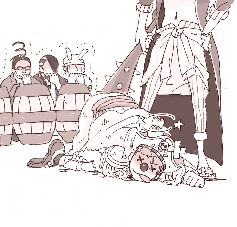1girl, 4boys, alvida_(one_piece), black_hair, buggy_the_clown, cabaji, galdino, mohji_(one_piece)