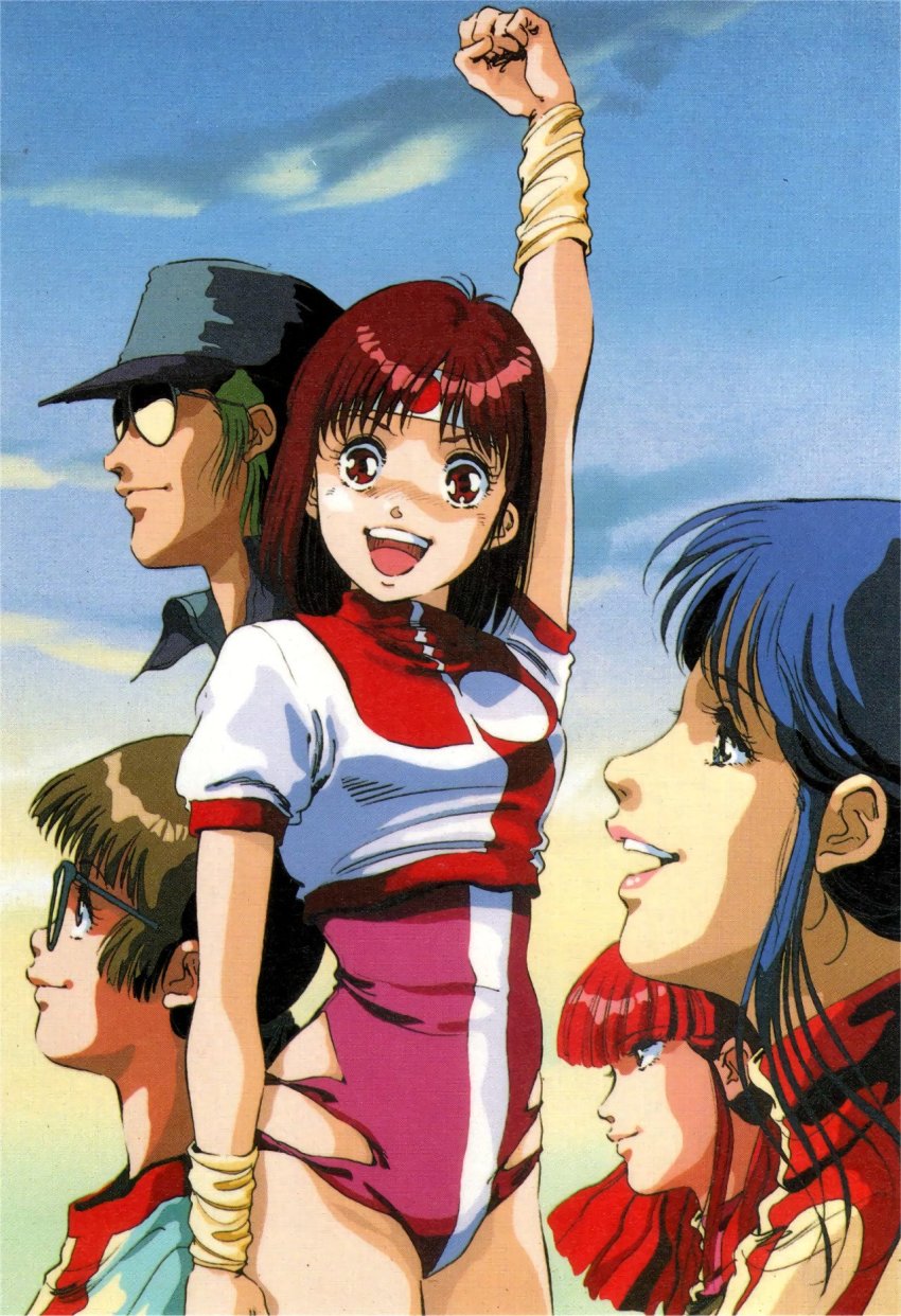 1980s_(style), 1boy, 4girls, amano_kazumi, arm_up, blue_eyes, blue_hair, brown_eyes, brown_hair, gainax, hat, headband, highres, higuchi_kimiko, jung_freud, leotard, lipstick, long_hair, looking_at_viewer, makeup, mikimoto_haruhiko, multiple_girls, official_art, oldschool, open_mouth, profile, red_eyes, red_hair, retro_artstyle, scan, short_hair, short_sleeves, sunglasses, takaya_noriko, teeth, top_wo_nerae!, top_wo_nerae!_(series), upper_teeth_only, wristband