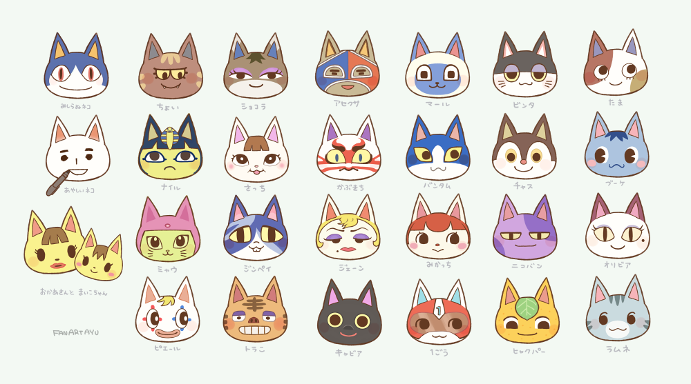 6+boys, 6+girls, :3, animal_crossing, animal_ears, ankha_(animal_crossing), artist_name, ayu_(mog), black_eyes, blanca_(animal_crossing), blonde_hair, blue_eyes, blue_eyeshadow, blue_hair, blush, blush_stickers, bob_(animal_crossing), brown_hair, buck_teeth, cat_ears, character_name, closed_mouth, colored_sclera, eyeshadow, fangs, felicity_(animal_crossing), furry, hair_ornament, half-closed_eyes, happy, helmet, japanese_text, kabuki_(animal_crossing), kaitlin_(animal_crossing), katie_(animal_crossing), katt_(animal_crossing), kid_cat_(animal_crossing), kiki_(animal_crossing), kitty_(animal_crossing), leaf, light_blush, lips, lipstick, lolly_(animal_crossing), looking_at_viewer, looking_down, looking_to_the_side, looking_up, makeup, mask, meow_(animal_crossing), merry_(animal_crossing), mitzi_(animal_crossing), moe_(animal_crossing), mole, mole_under_eye, mole_under_mouth, monique_(animal_crossing), mother_and_child, mother_and_daughter, multiple_boys, multiple_girls, nintendo, olivia_(animal_crossing), parent_and_child, pen, pierre_(animal_crossing), pink_eyeshadow, portrait, punchy_(animal_crossing), purple_eyeshadow, purrl_(animal_crossing), red_eyes, red_hair, red_headwear, red_lips, rosie_(animal_crossing), rover_(animal_crossing), rudy_(animal_crossing), short_hair, signature, simple_background, slit_pupils, smile, snake_hair_ornament, stinky_(animal_crossing), tabby_(animal_crossing), tangy_(animal_crossing), teeth, tom_(animal_crossing), whiskers, white_background, yellow_sclera