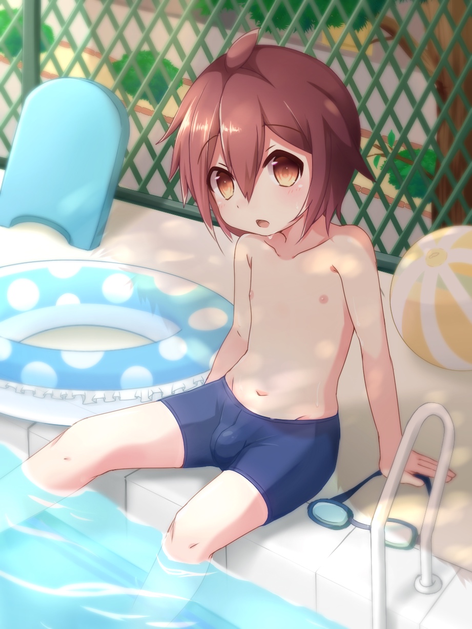 1boy, ball, bare_pectorals, beachball, blue_jammers, blue_male_swimwear, blush, brown_eyes