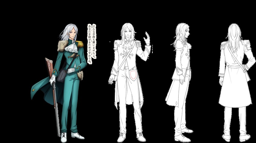 1boy, aleksandr_(senjuushi), antique_firearm, armor, reference_sheet, coat, cross-laced_footwear, firearm