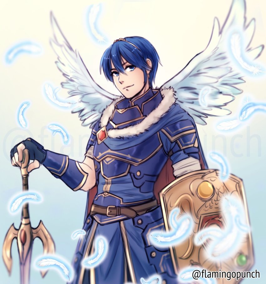 1boy, armor, blue_eyes, blue_hair, cape, falchion_(fire_emblem), fingerless_gloves, fire_emblem