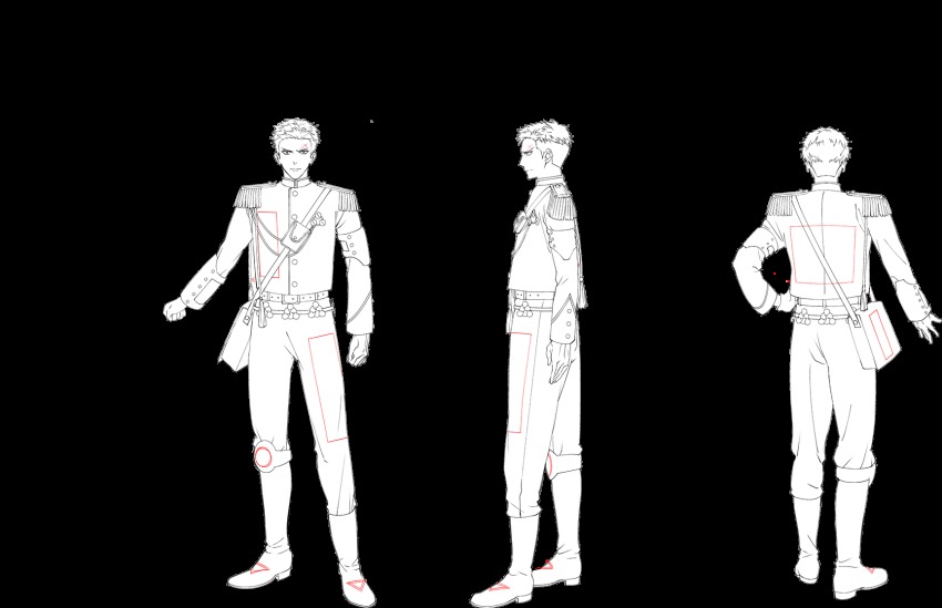 1boy, armor, asymmetrical_footwear, belt, boots, reference_sheet, epaulettes, from_behind, frown, full_body, gauntlets, geweer_(senjuushi), gloves, greyscale, hand_on_own_hip, highres, knee_pads, lineart, majiro_(mazurka), male_focus, military, military_uniform, monochrome, multiple_views, official_art, scar, scar_on_face, senjuushi:_the_thousand_noble_musketeers, senjuushi_(series), short_hair, single_gauntlet, standing, translation_request, transparent_background, turnaround, uneven_footwear