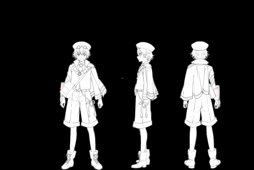 1boy, boots, capelet, capri_pants, from_behind, full_body, gauntlets, greyscale