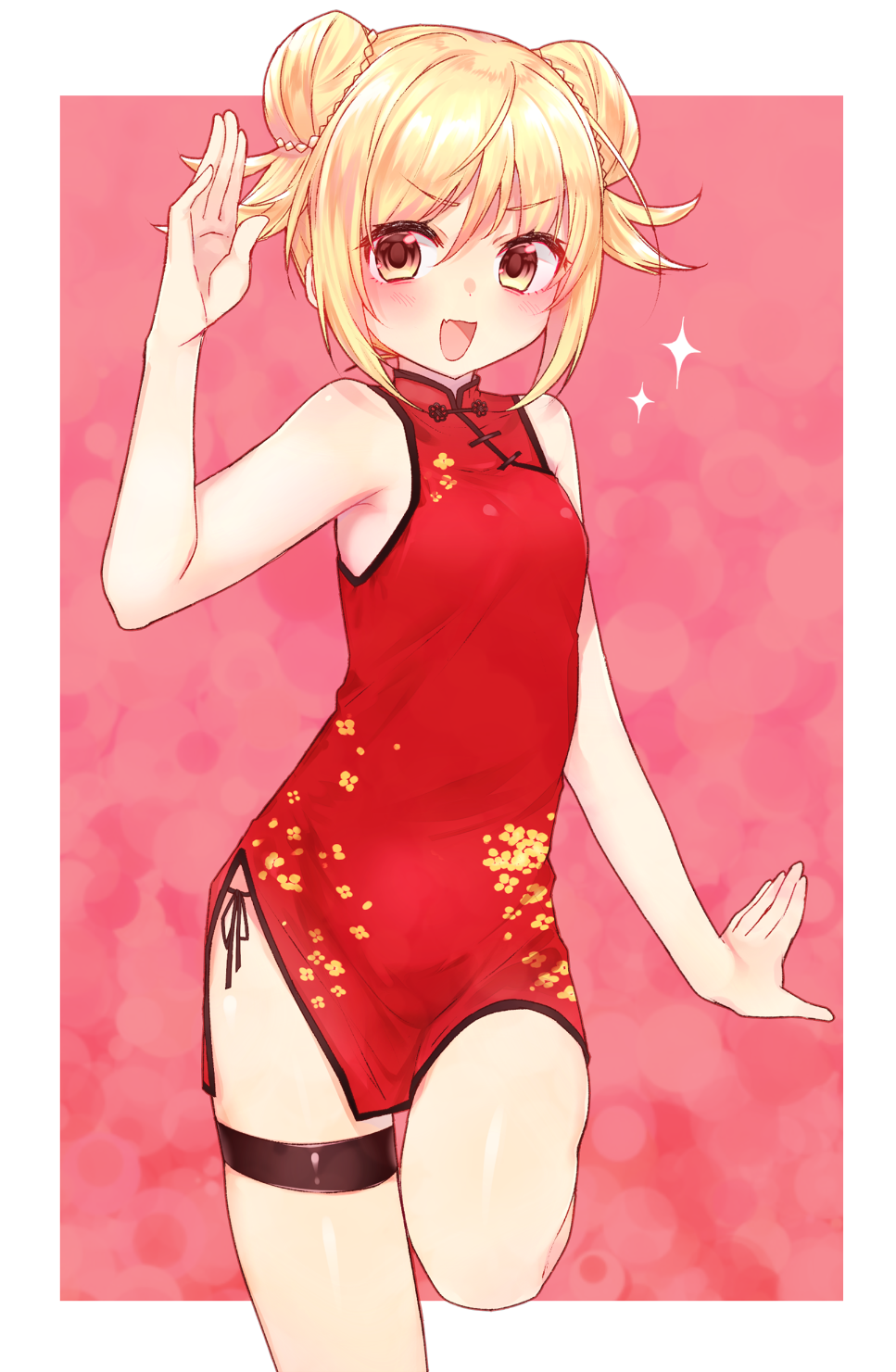 1girl, alternate_costume, alternate_hairstyle, blonde_hair, china_dress, chinese_clothes, double_bun, dress