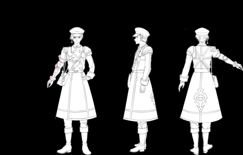 1boy, aiguillette, armor, boots, bow, bowtie, buttons, reference_sheet, coat, double-breasted, earrings, enfield_(senjuushi), epaulettes, from_behind, full_body, gauntlets, gloves, greyscale, hand_on_own_hip, hat, highres, holding, jewelry, lineart, long_coat, majiro_(mazurka), male_focus, military, military_uniform, monochrome, multiple_views, official_art, outstretched_arm, peaked_cap, senjuushi:_the_thousand_noble_musketeers, senjuushi_(series), short_hair, shoulder_armor, single_earring, single_gauntlet, smile, standing, translation_request, transparent_background, turnaround