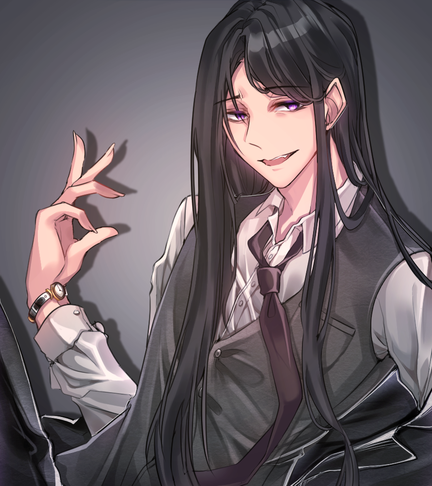 1boy, bad_id, bad_pixiv_id, bishounen, black_hair, black_vest, grey_background, long_hair, looking_at_viewer, loose_necktie, male_focus, necktie, open_mouth, original, purple_eyes, ronpu_cooing, solo, standing, upper_body, very_long_hair, vest, watch, wristwatch