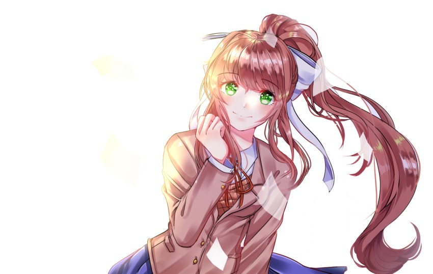 1girl, bad_id, bad_pixiv_id, blue_skirt, blush, bow, breasts, brown_hair, doki_doki_literature_club, female_focus, green_eyes, hair_bow, hair_ribbon, hand_up, long_hair, looking_at_viewer, monika_(doki_doki_literature_club), orange_sweater_vest, ponytail, ribbon, ronpu_cooing, school_uniform, shirt, simple_background, skirt, smile, solo, sweater_vest, v-neck, very_long_hair, white_ribbon