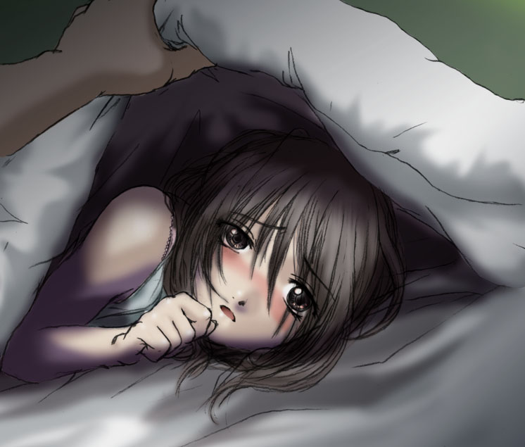 1girl, bed_sheet, blanket, blush, brown_hair, the_grudge, kobayashi_yuji, pov