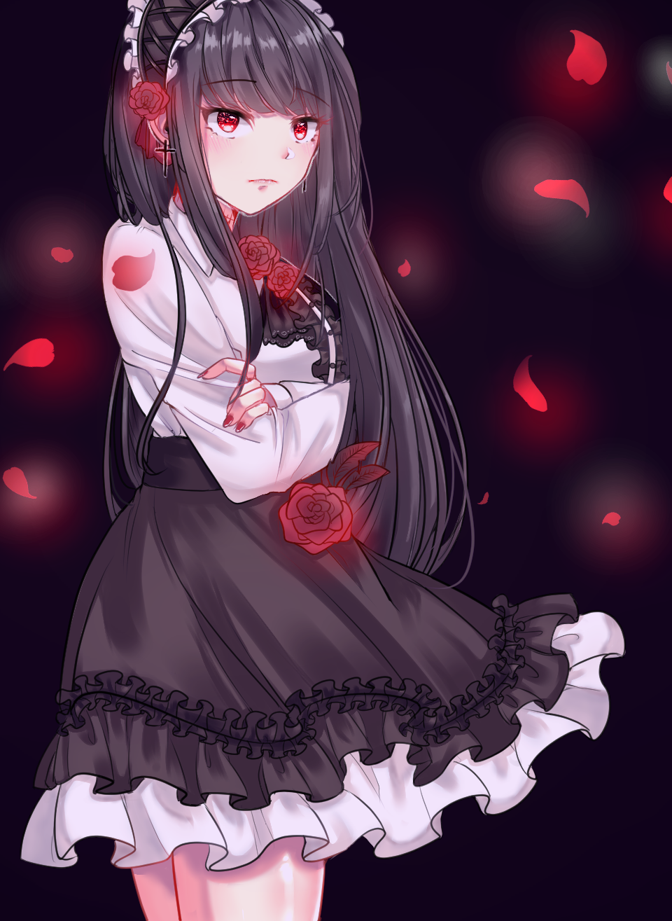 1girl, bad_id, bad_pixiv_id, black_background, black_hairband, black_skirt, blurry, blurry_background