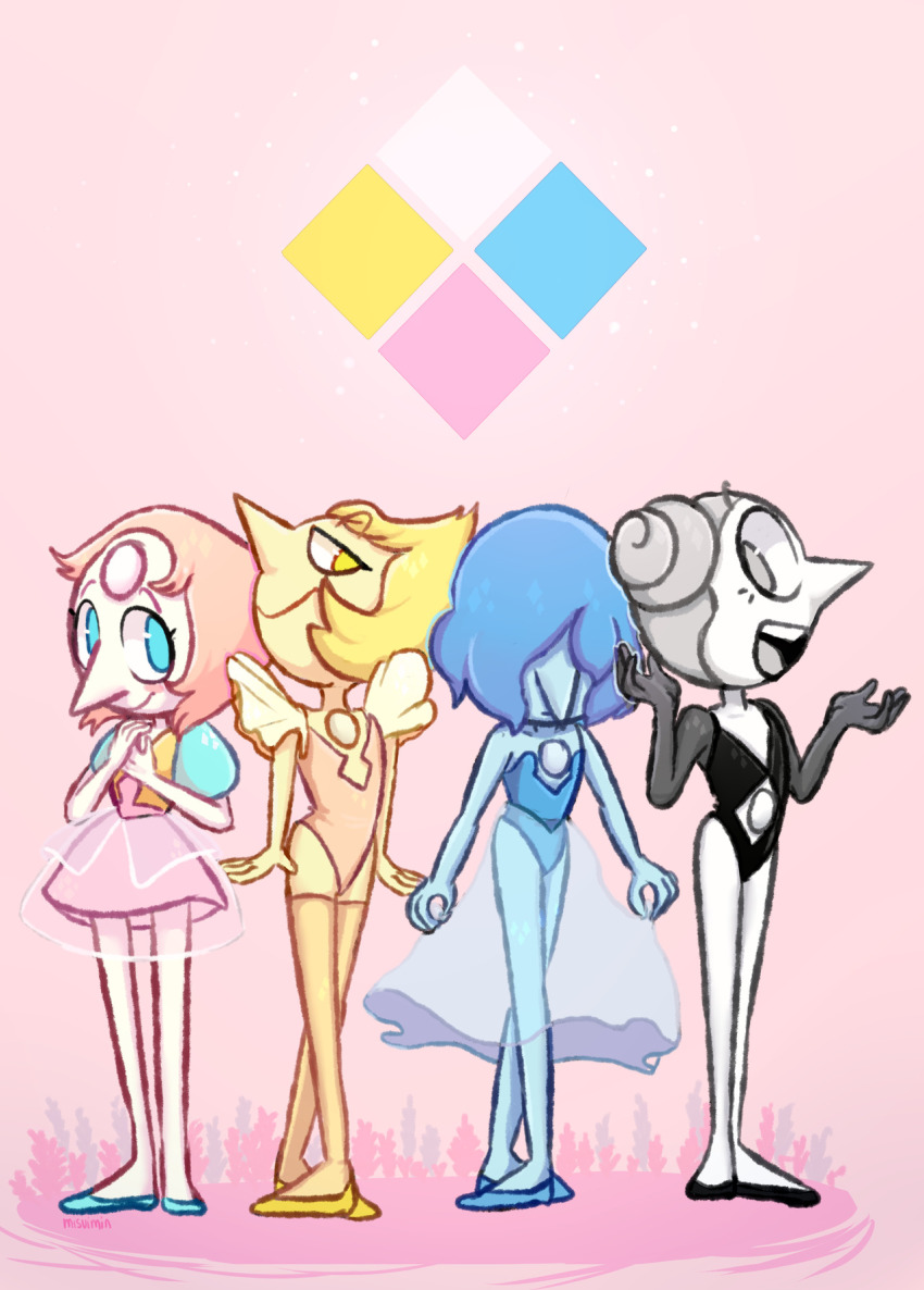 4girls, blue_pearl_(steven_universe), blue_skin, colored_skin, double_bun, hair_bun, highres, multiple_girls