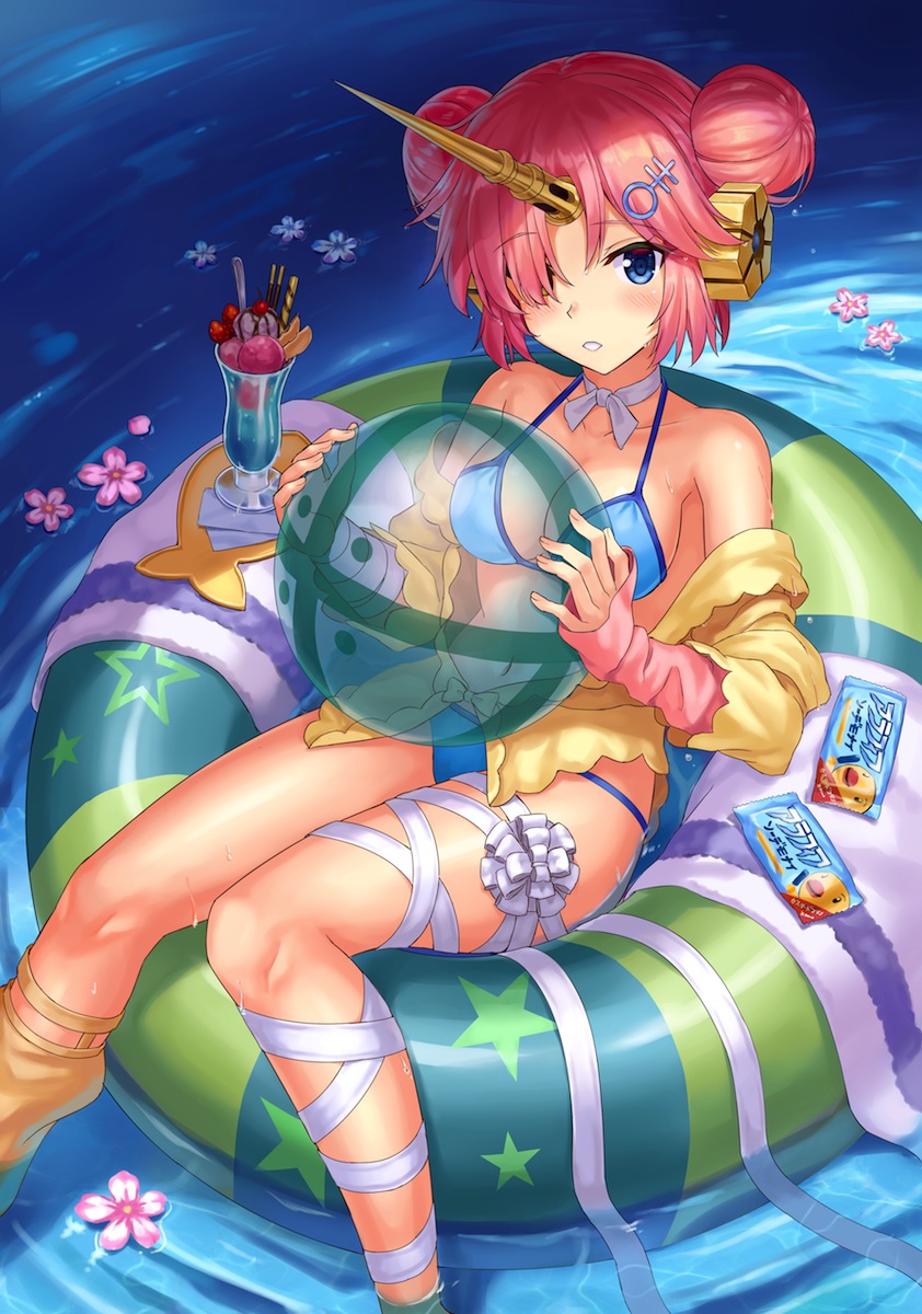 1girl, ball, bandaged_leg, bandages, bare_shoulders, beachball, bikini, blue_bikini