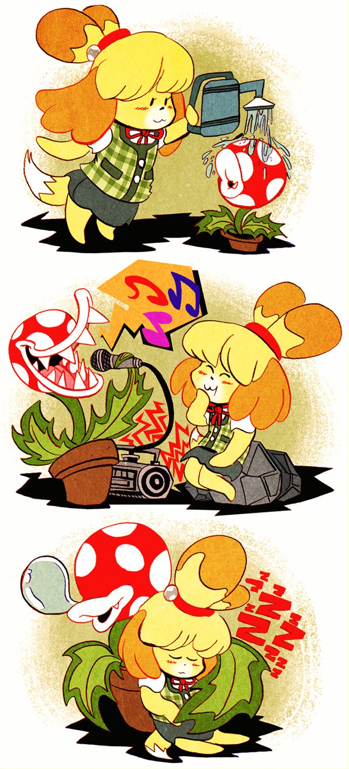 1girl, animal_crossing, bad_id, bad_twitter_id, beamed_eighth_notes, blush, boombox, comic
