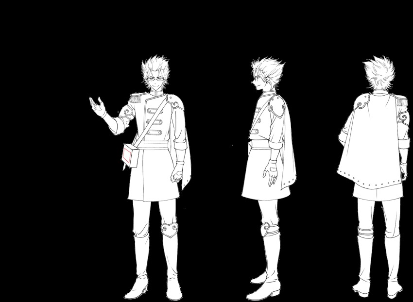 1boy, arm_strap, armor, boots, capelet, reference_sheet, coat, curtained_hair