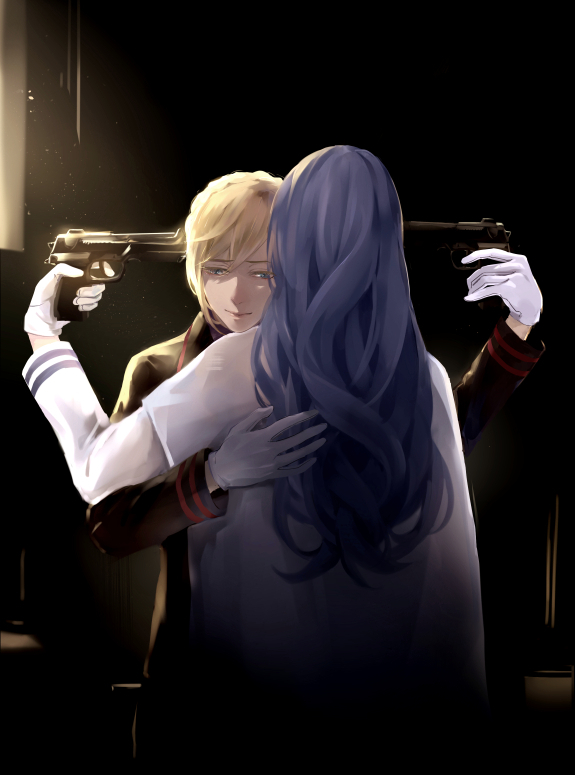 2girls, ada_(unlight), alison34607, belinda_(unlight), black_shirt, blonde_hair, blouse, blue_eyes, cape, closed_mouth, gloves, gun, hair_between_eyes, hand_on_another's_back, handgun, holding, holding_weapon, long_hair, multiple_girls, pistol, purple_hair, sad, sad_smile, shirt, short_hair, simple_background, smile, tagme, unlight, wavy_hair, weapon, white_gloves, white_shirt, yuri