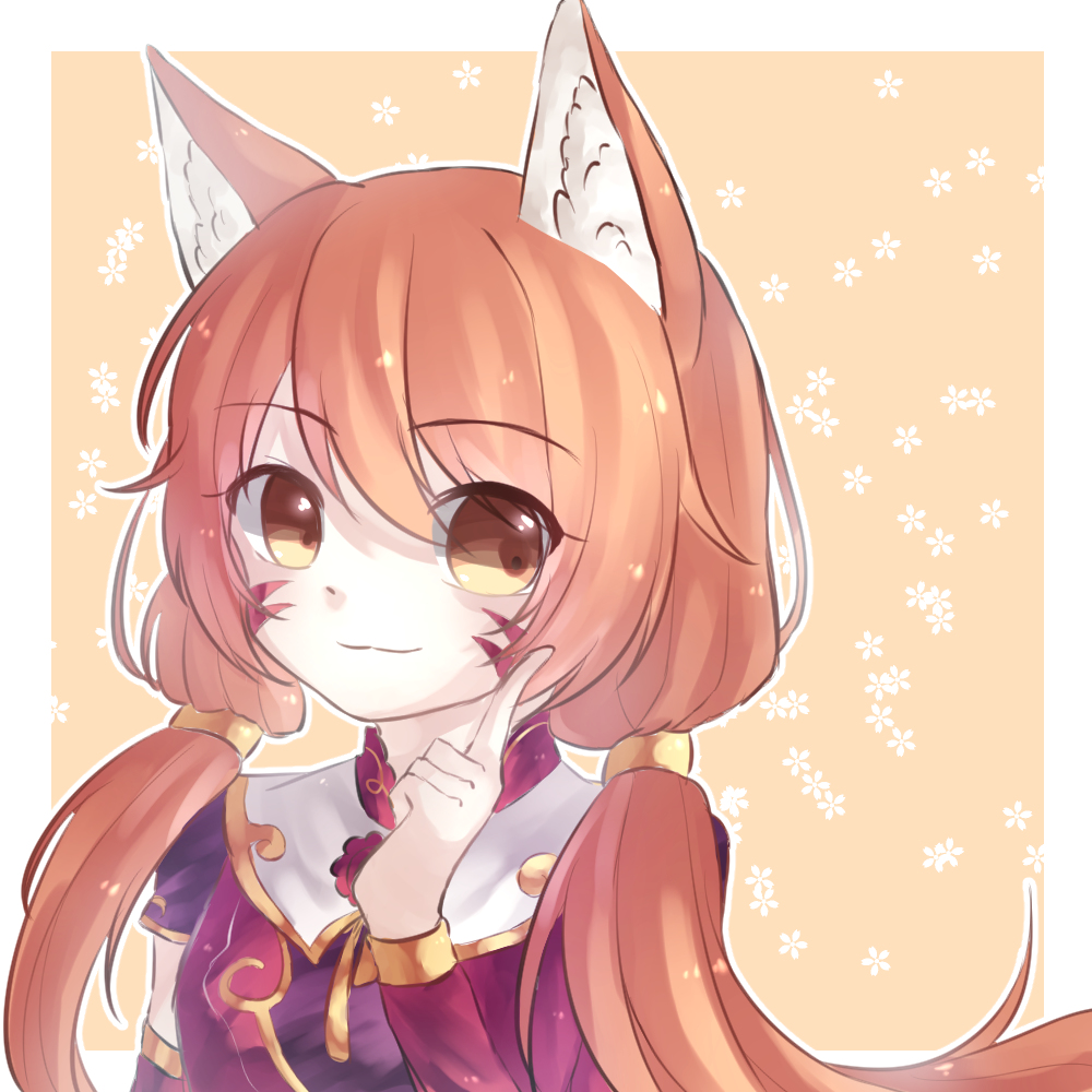 1girl, animal_ears, child, fox_ears, long_hair, looking_away, markings, miho_(talesrunner), orange_eyes, orange_hair, simple_background, talesrunner, twintails