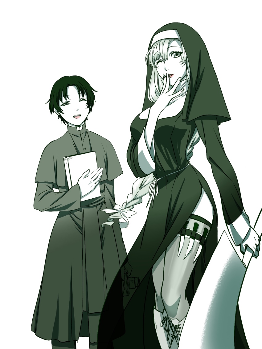 10s, 1boy, 1girl, asymmetrical_bangs, book, boots, braid, breasts, camera, capelet, cleaver, cowboy_shot, cross-laced_footwear, dendritic_cell_(hataraku_saibou), greyscale, habit, halloween, halloween_costume, hand_to_own_mouth, hataraku_saibou, highres, holster, knife, lips, long_hair, looking_at_viewer, macrophage_(hataraku_saibou), medium_breasts, monochrome, nayomi, nun, nun_headdress, one_eye_closed, open_mouth, oversized_object, priest, robe, see-through_clothes, short_hair, side_slit, simple_background, smile, spot_color, standing, thigh_holster, thighhighs, white_background