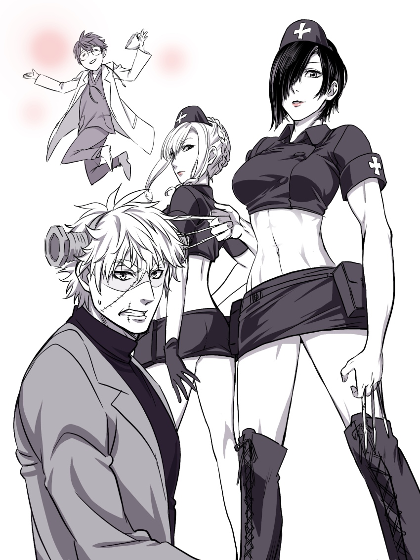 10s, 2boys, 2girls, abs, back, bag, boots, braid