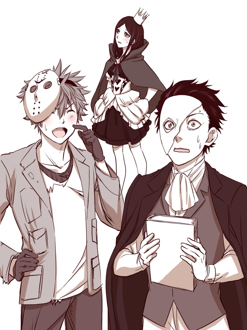 10s, 1girl, 2boys, b_cell_(hataraku_saibou), blush, book, cape, closed_eyes