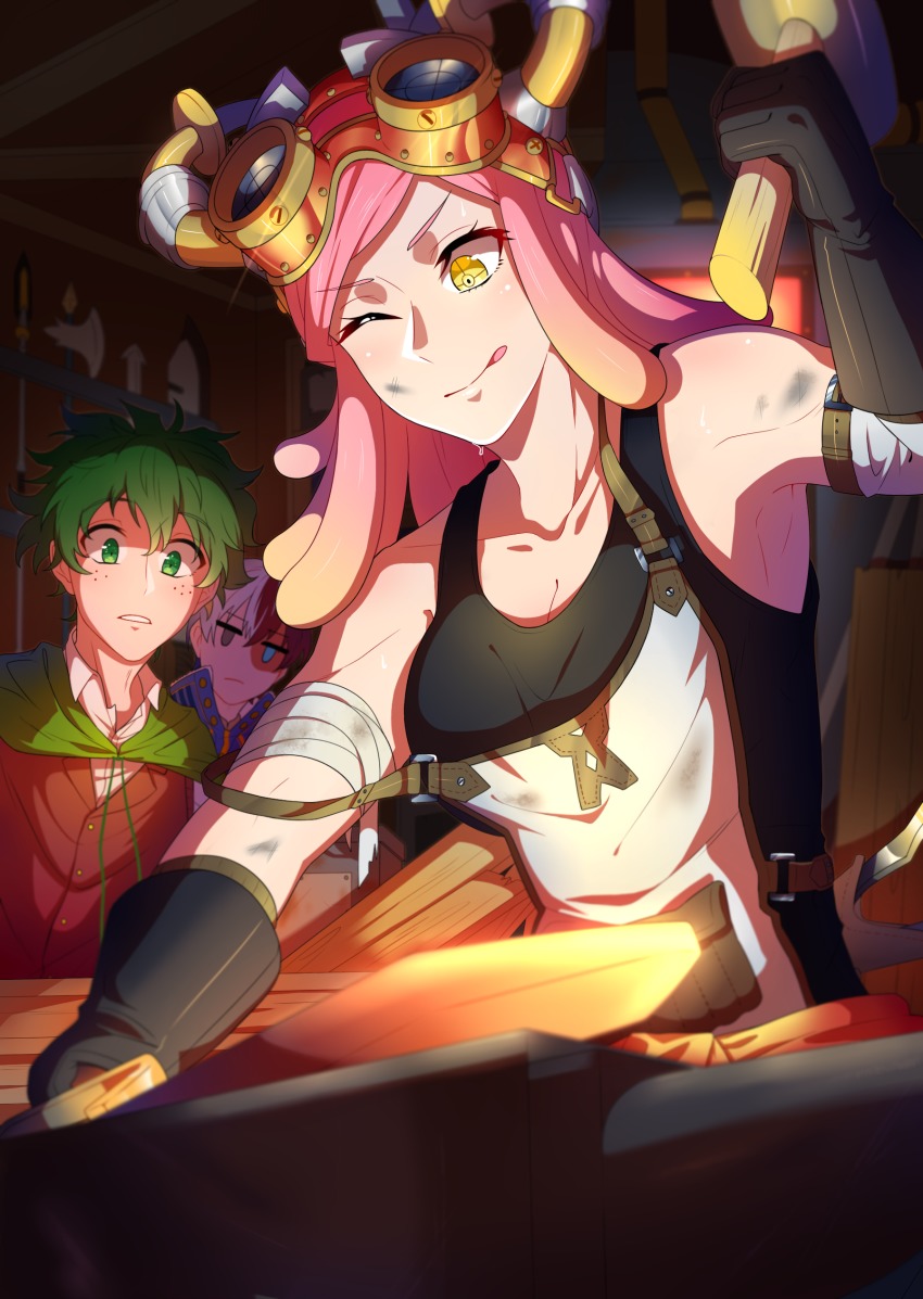 10s, 1girl, 2boys, absurdres, alternate_costume, anvil, apron, axe, black_gloves, black_shirt, blacksmith, blue_eyes, boku_no_hero_academia, breasts, cleavage, freckles, gloves, goggles, goggles_on_head, green_eyes, green_hair, grey_eyes, hammer, hatsume_mei, heterochromia, highres, medium_hair, midoriya_izuku, multicolored_hair, multiple_boys, one_eye_closed, pink_hair, red_hair, shirt, sword, symbol-shaped_pupils, todoroki_shoto, turtoaud, two-tone_hair, weapon, white_hair, yellow_eyes