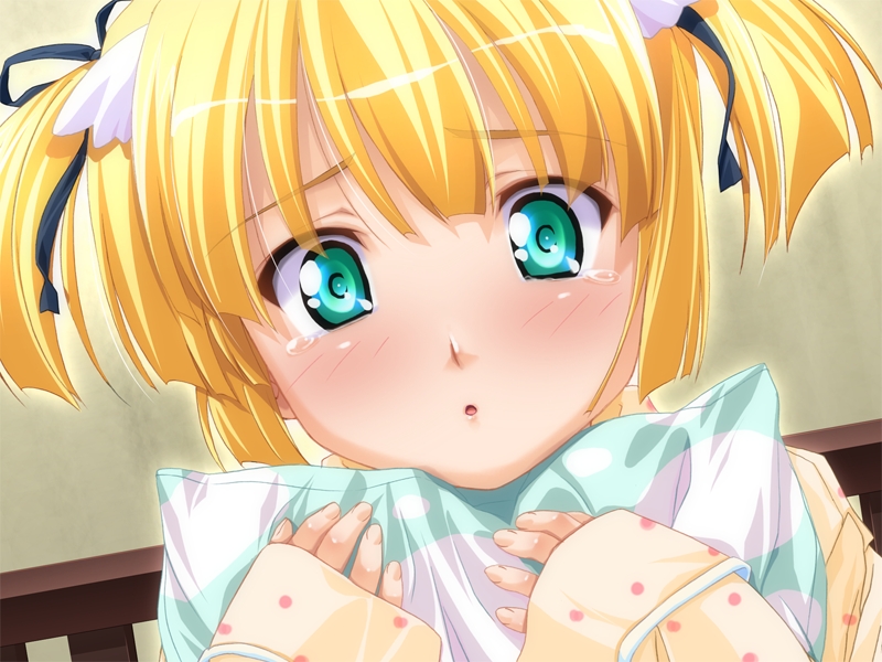 00s, 1girl, blonde_hair, close-up, female_focus, frontwing, game_cg, green_eyes, hug, hugging_object, kuuchuu_yousai, leukothea, megachu!, non-web_source, pajamas, pillow, pillow_hug, short_hair, solo, tears, twintails
