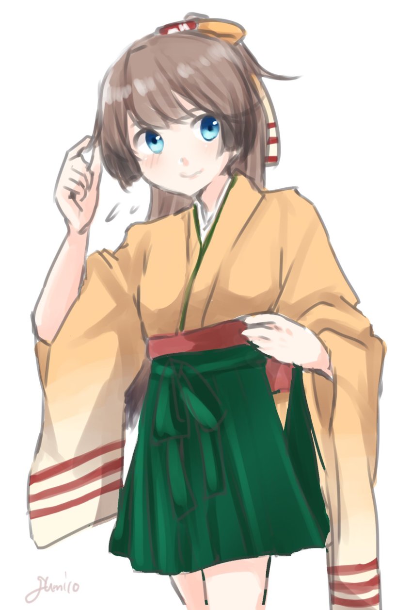 1girl, blue_eyes, blush, brown_hair, cosplay, cowboy_shot, female_focus, green_skirt