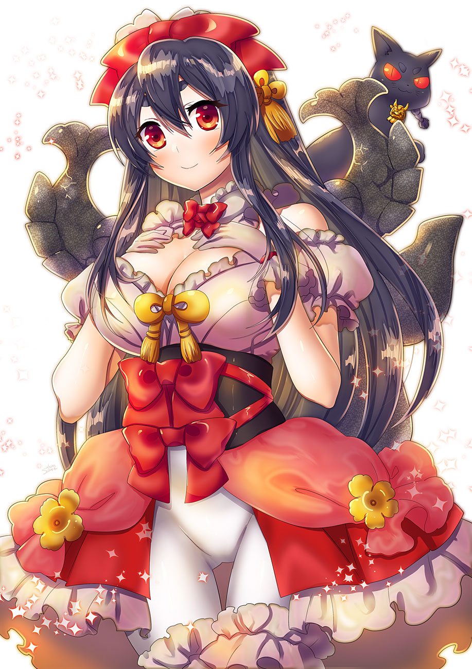 1girl, black_cat, black_hair, blush, breasts, cat, cleavage, cowboy_shot
