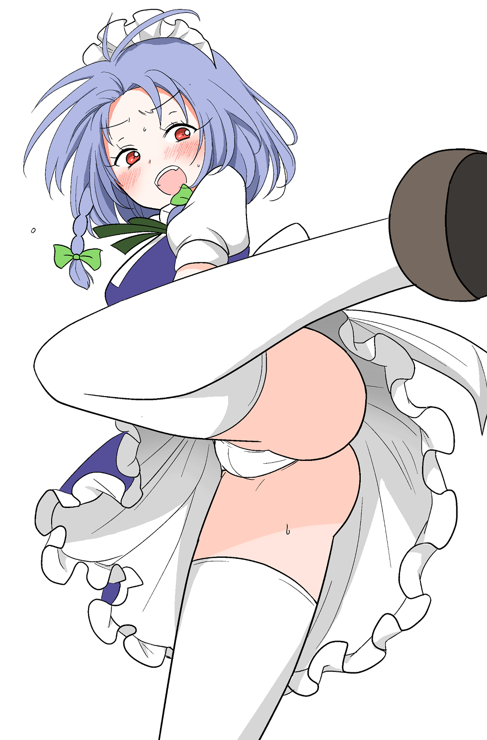 1girl, apron, ass, blue_dress, blue_hair, blush, bow, braid