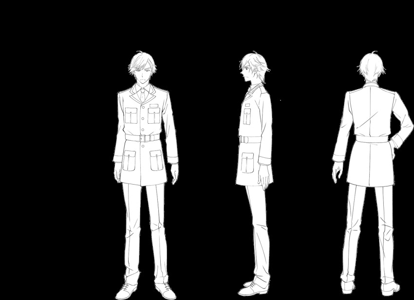 1boy, ahoge, reference_sheet, from_behind, frown, full_body, greyscale, hand_on_own_hip, kyoudou_granbird, lineart, majiro_(mazurka), male_focus, military, military_uniform, monochrome, multiple_views, necktie, official_art, senjuushi:_the_thousand_noble_musketeers, senjuushi_(series), short_hair, standing, swept_bangs, translation_request, transparent_background, turnaround
