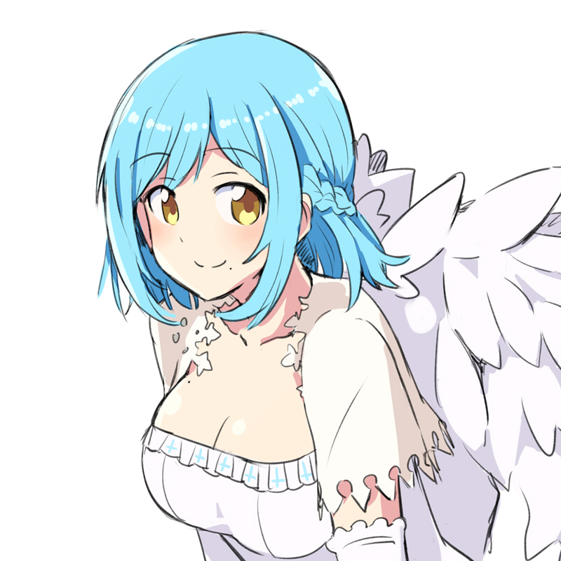 1girl, angel_wings, blue_hair, braid, breasts, chikuwa_(majihima), cleavage, elbow_gloves