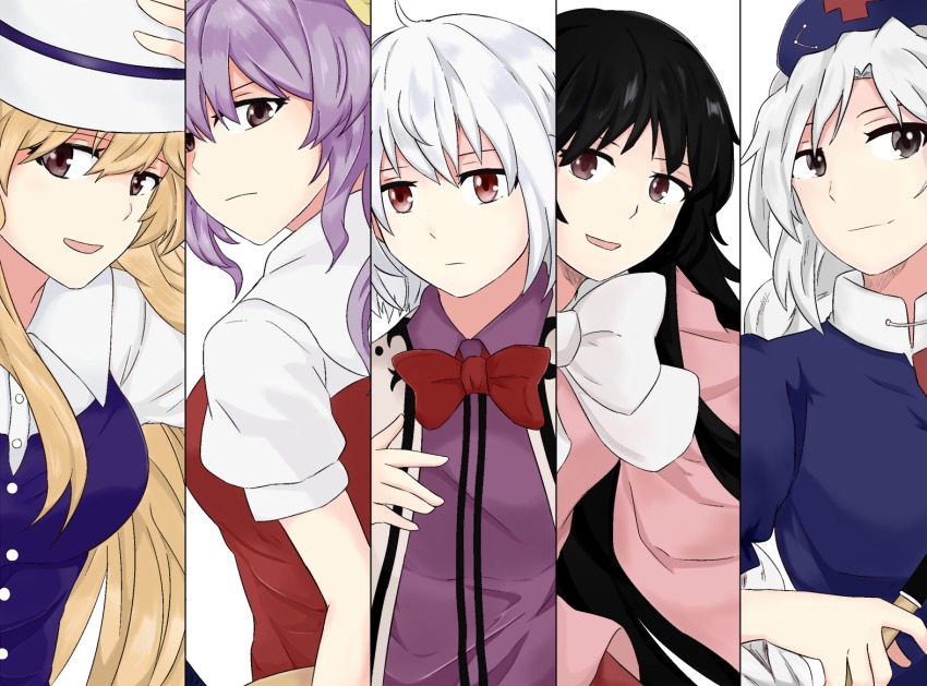 5girls, black_hair, blonde_hair, bow, brown_eyes, commentary_request, green_eyes, hair_between_eyes