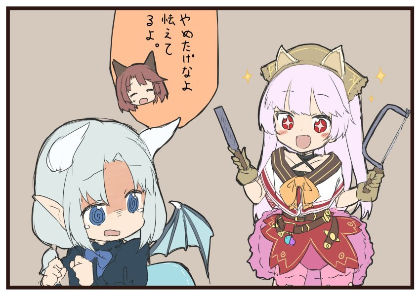 3girls, :d, @_@, amane_rosylily, animal_ears, black_choker, blue_bow, blue_eyes