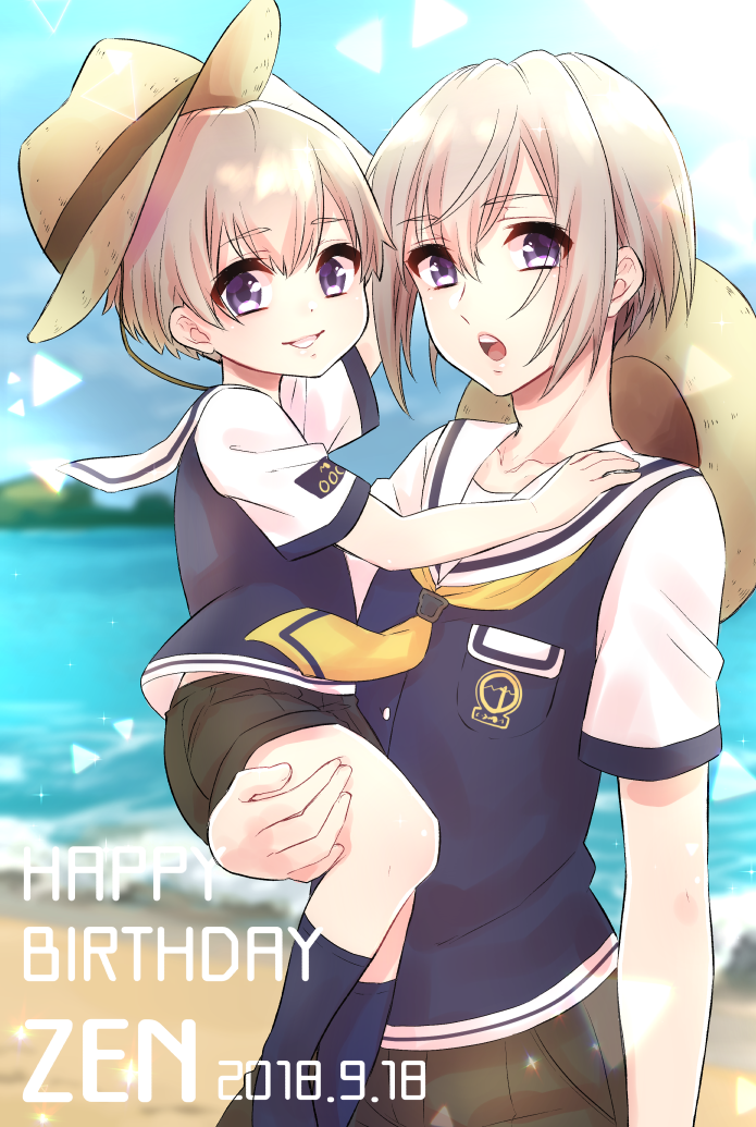 2boys, aged_down, binbinsuke, blonde_hair, blue_eyes, carrying, child, dated