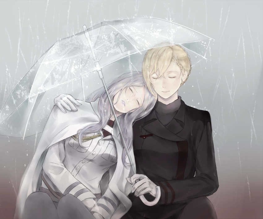 2girls, ada_(unlight), alison34607, belinda_(unlight), black_coat, blonde_hair, braid, cape, closed_mouth, coat, crying, closed_eyes, gloves, hair_between_eyes, hand_on_another's_shoulder, head_on_another's_shoulder, highres, holding, holding_umbrella, legs_together, long_hair, long_sleeves, multiple_girls, parted_lips, purple_hair, rain, short_hair, side-by-side, sitting, sleeping, smile, streaming_tears, tagme, tears, transparent, transparent_umbrella, umbrella, unlight, water_drop, white_gloves, yuri