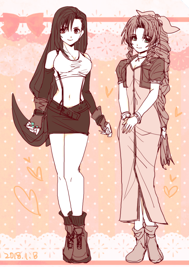 aerith_gainsborough, bow, braid, breasts, brown_hair, cleavage, commentary_request, cropped_jacket