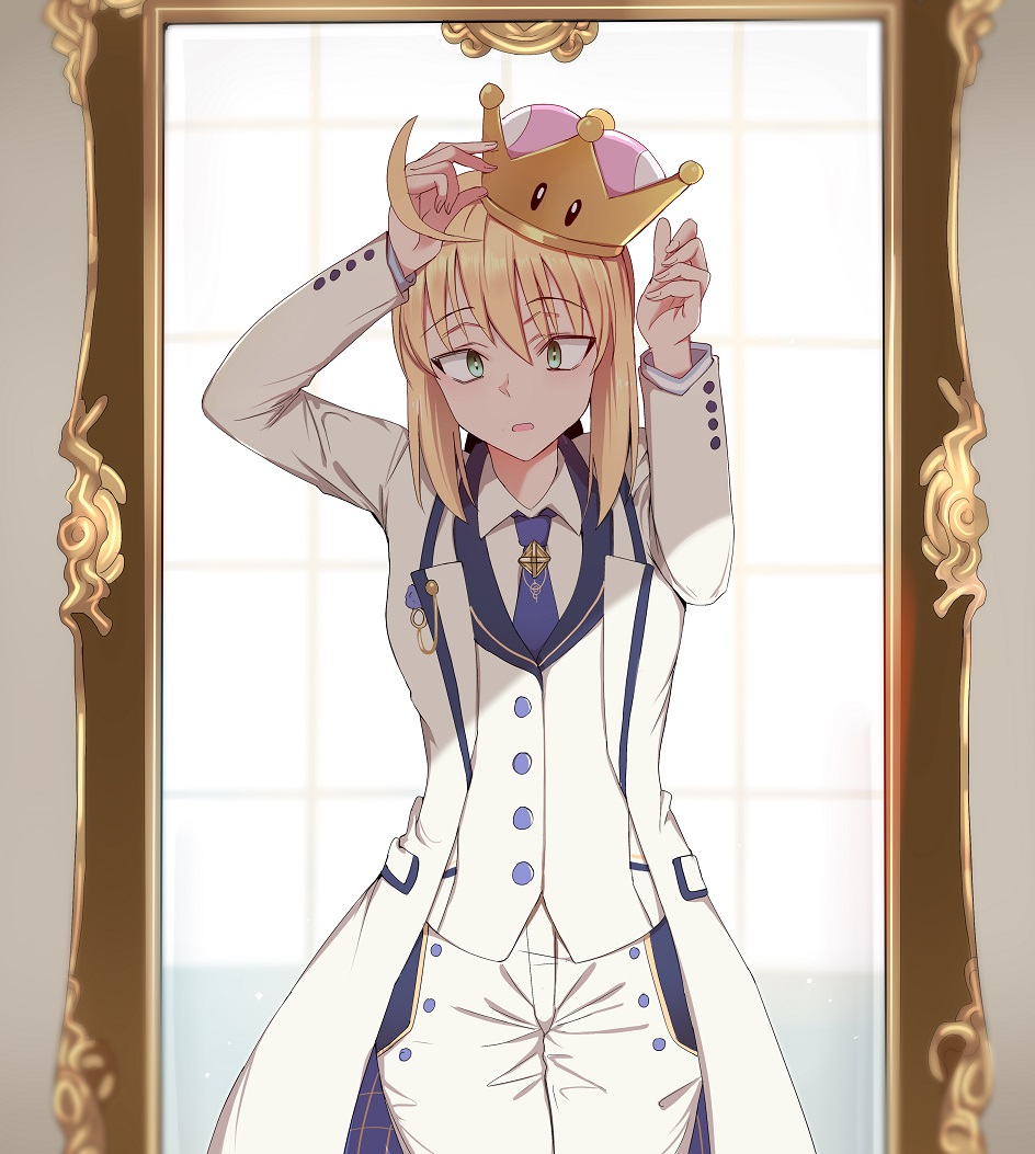 1girl, ahoge, arthur_pendragon_(fate), arthur_pendragon_(white_rose)_(fate), artoria_pendragon_(fate), blonde_hair, blue_necktie, coat