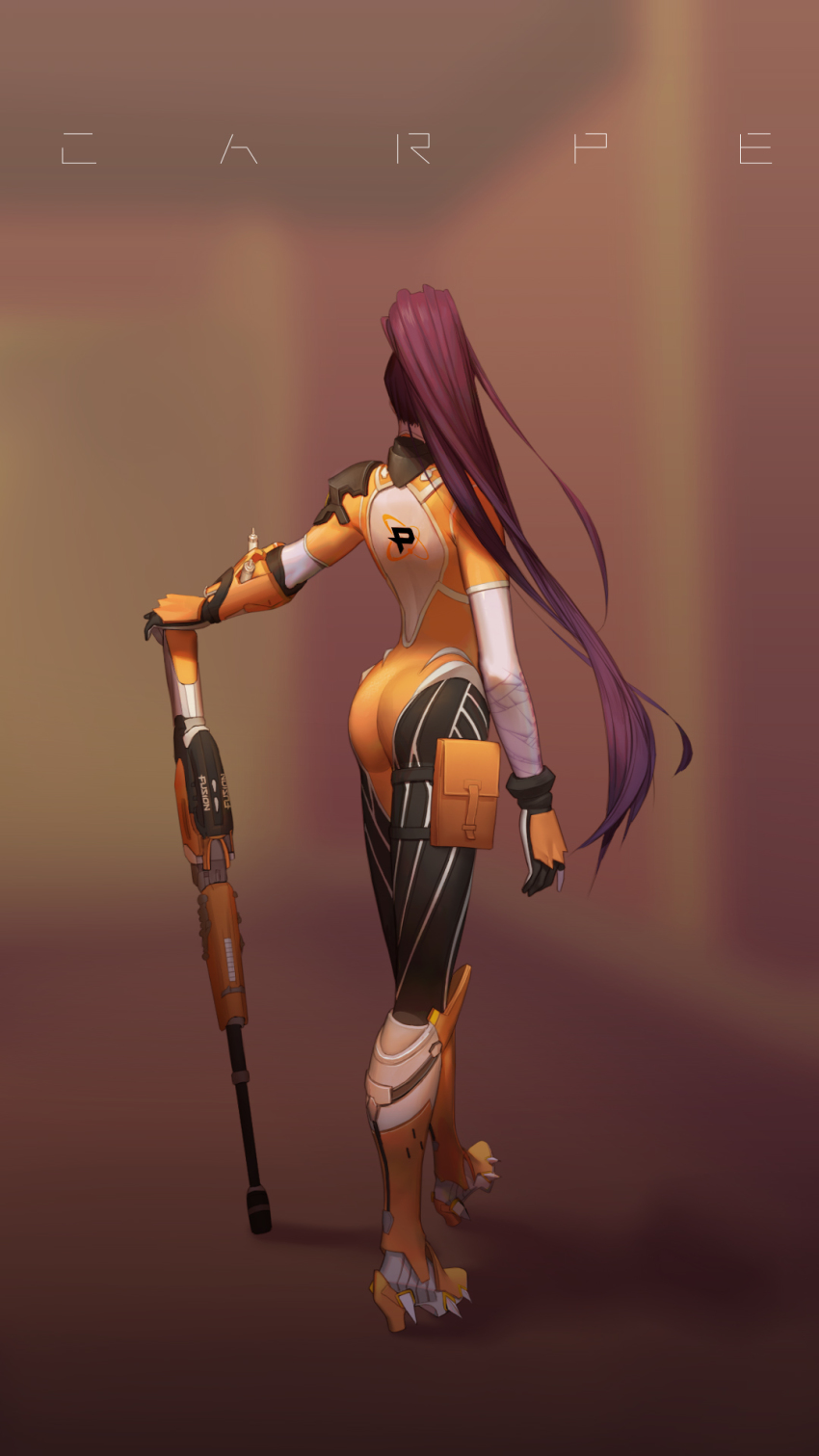 1girl, ass, back, boots, colored_skin, esports, female_focus, fingerless_gloves, gloves, gun, highres, long_hair, nezumi_(tuboshu2013), official_alternate_costume, overwatch, overwatch_1, overwatch_league, philadelphia_fusion_widowmaker, ponytail, purple_hair, purple_skin, rifle, solo, tattoo, very_long_hair, weapon, widowmaker_(overwatch)