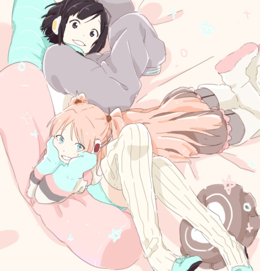 2girls, aqua_shoes, black_hair, blue_eyes, bob_cut, boots, brown_eyes, highres, hood, hoodie, looking_at_viewer, multiple_girls, on_bed, oversized_clothes, parted_lips, pillow, pink_eyes, ribbed_legwear, shoes, smile, tod-mugi, tone_rion, tone_rion_(vocaloid4), vocaloid, yumemi_nemu_(vocaloid)