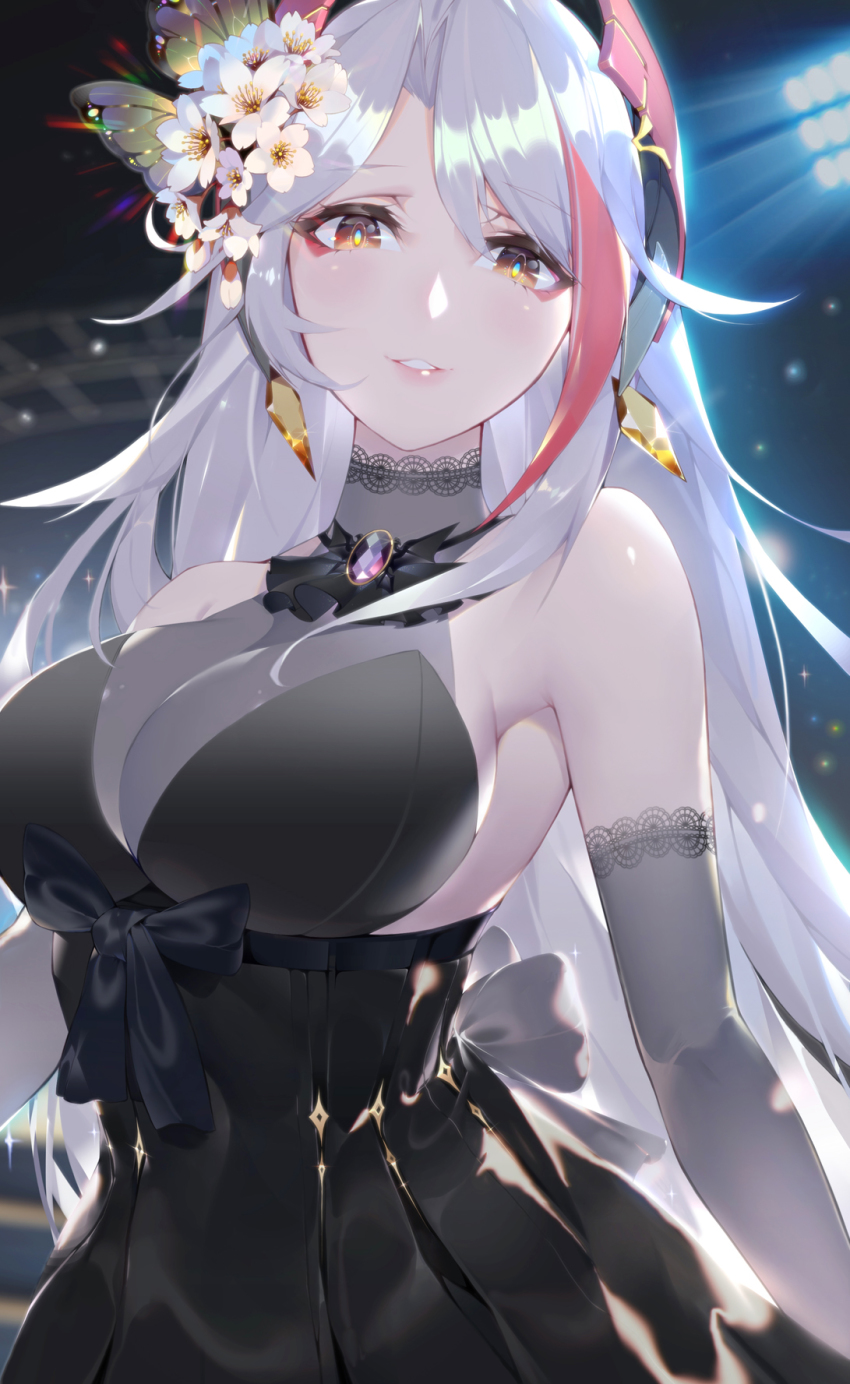 1girl, alternate_costume, antenna_hair, azur_lane, backlighting, bare_shoulders, black_dress, blurry
