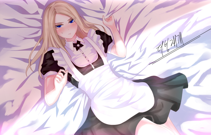 1boy, abel_(talesrunner), bed, bed_sheet, blonde_hair, blue_eyes, blush, crossdressing, crossdressing_(mtf), jtaro, long_hair, looking_afar, lying, maid, male_focus, male_maid, on_bed, sweat, talesrunner