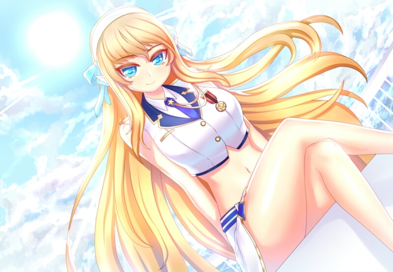 blonde_hair, blue_eyes, blush, cloud, day, dress, jtaro, crossed_legs