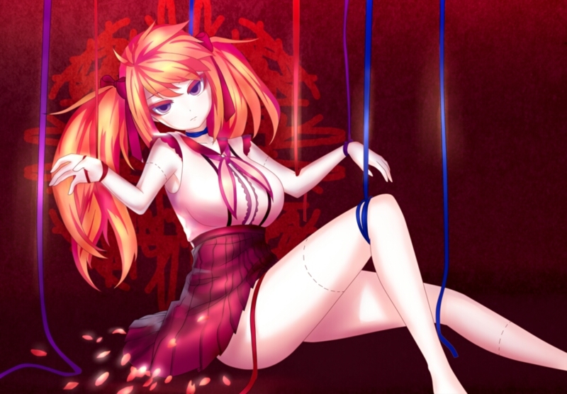 1girl, breasts, dress, hair_tie, jtaro, large_breasts, legs, looking_at_viewer