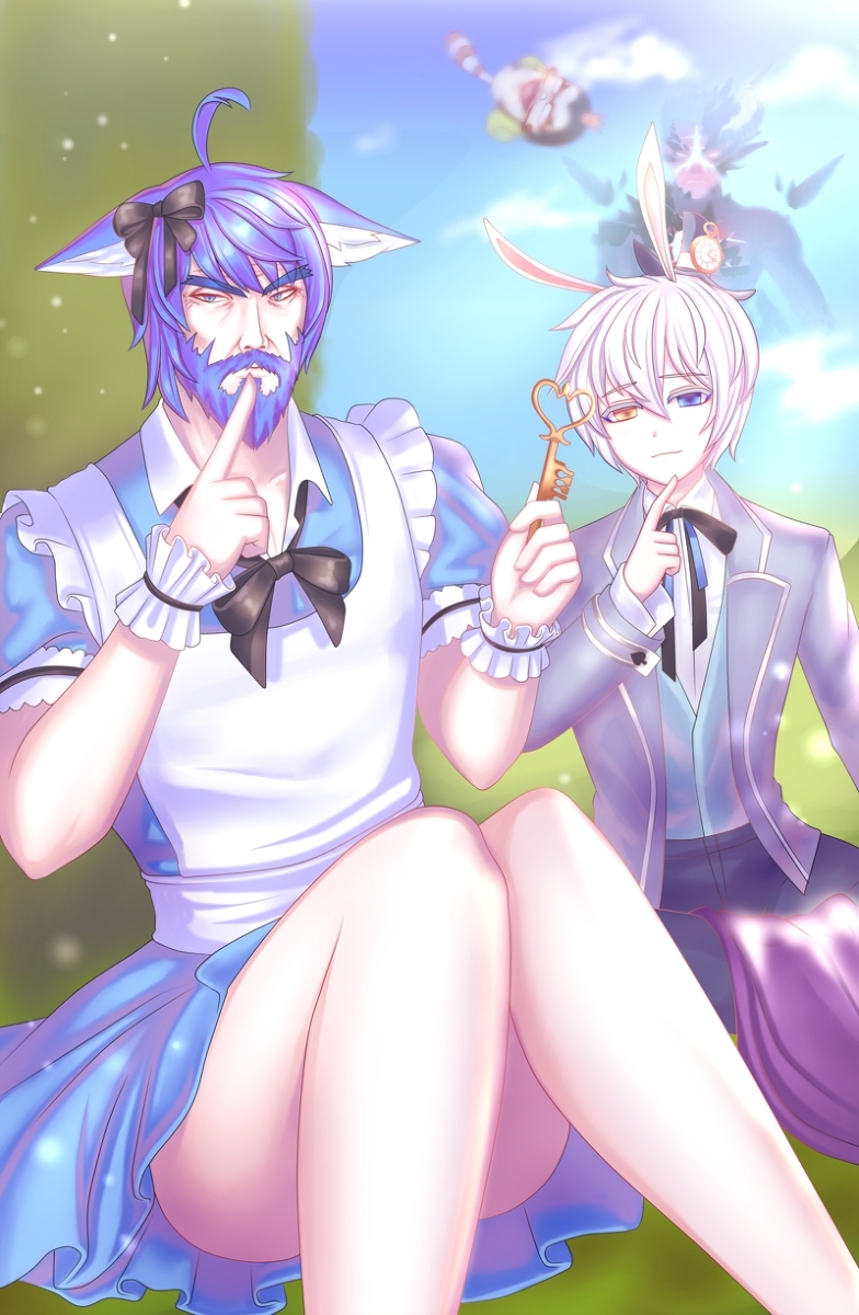 2boys, age_difference, alice's_adventures_in_wonderland, alice_(alice_in_wonderland), animal_ears, blue_eyes, blue_hair, cloud